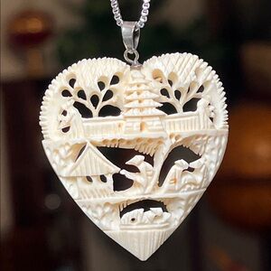 VTG Asian Carved Bone Heart Pagoda Village Scene Pendant Silver Tone Necklace